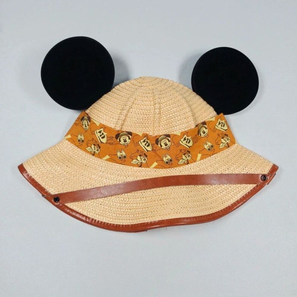 Disney Parks Safari Sun Hat Adult 55cm Tan Mickey Mouse Ears Woven Explorer